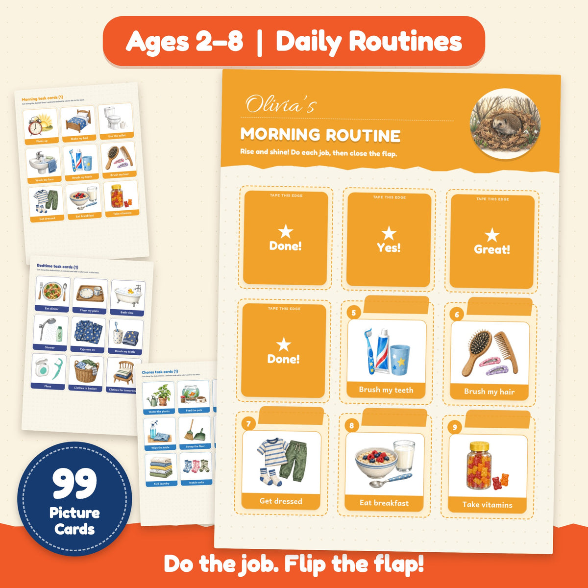 Kids Routine Flip Chart Bundle | 6 Editable Charts + 99 Picture Task Cards | Morning, Bedtime & Chore Chart for Toddlers | Reward Chart, First–Then Board | Printable PDF