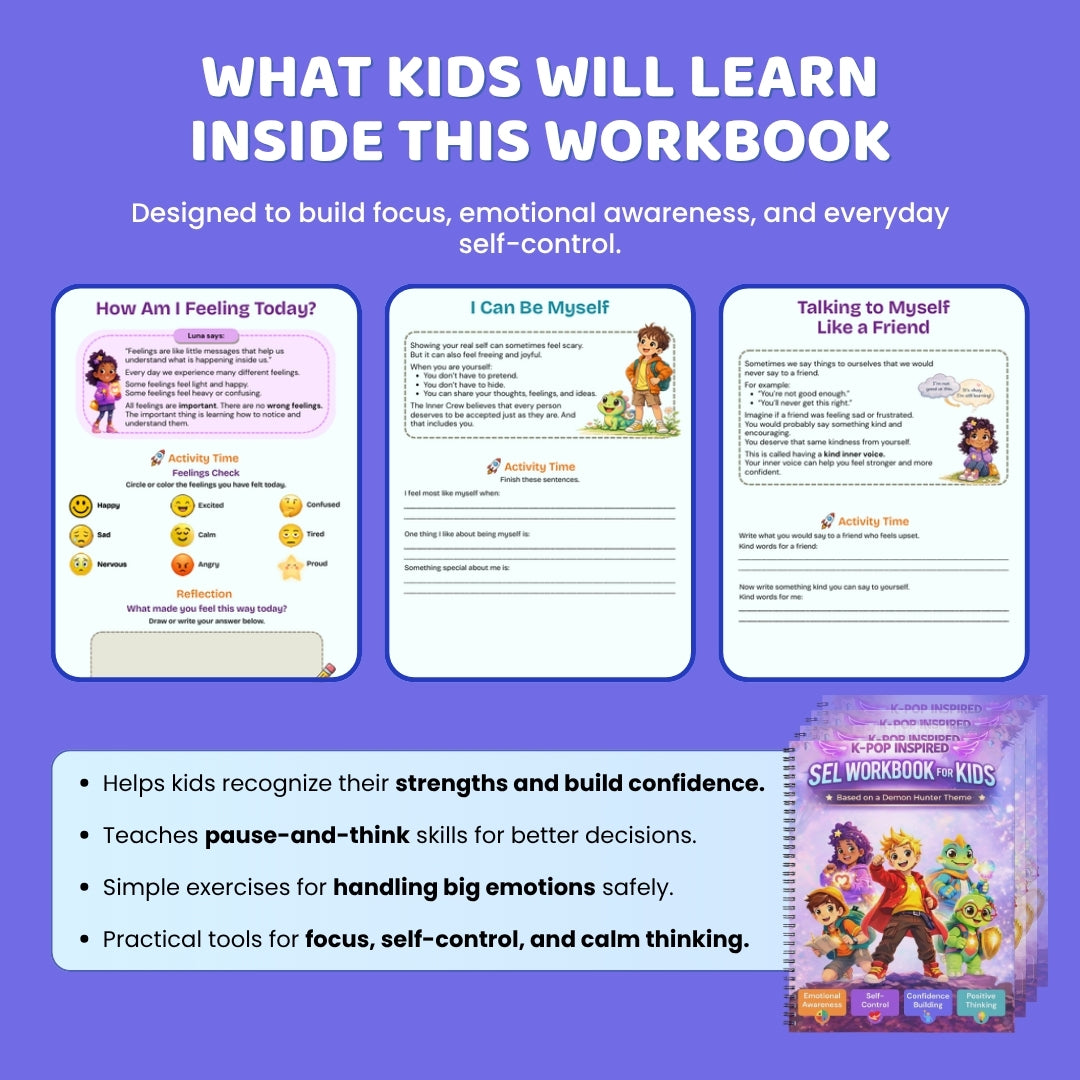K-Pop Inspired SEL Workbook for Kids (Printable PDF) | Therapy Activities for Emotional Regulation, Self-Esteem, Self-Acceptance, Confidence & Big Feelings