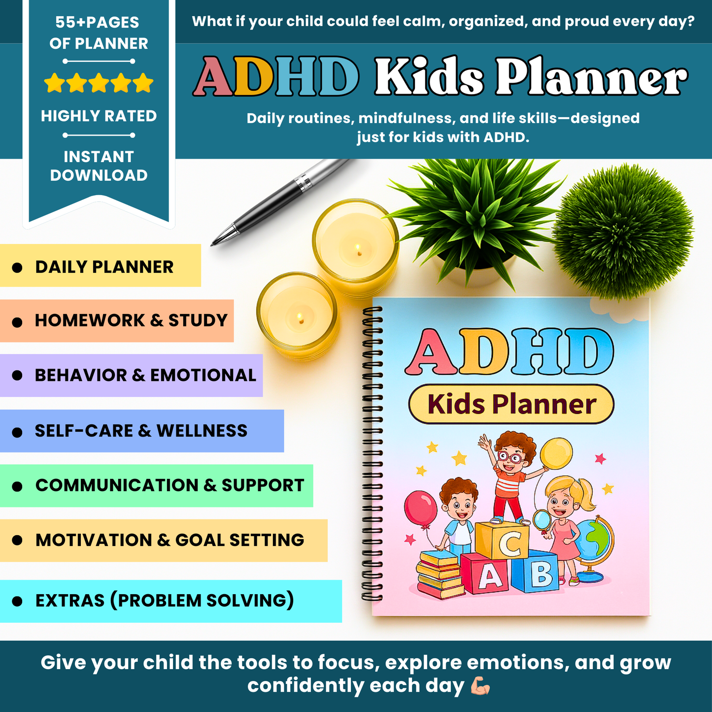 Kids ADHD Planner | Kids Emotion Trackers | kids Daily & Weekly Planners | Communication Logs | Mindfulness & Coping Tools