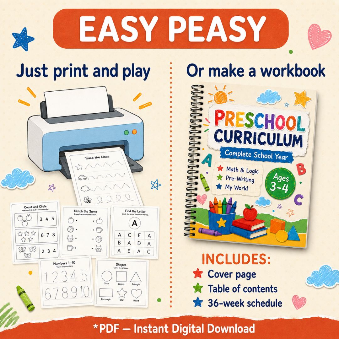 Preschool Curriculum Workbook Ages 3โ4 | 207+ Printable Worksheets | Full-Year Pre-K Learning Bundle | ABC, Numbers, Writing, Shapes & Logic | PDF