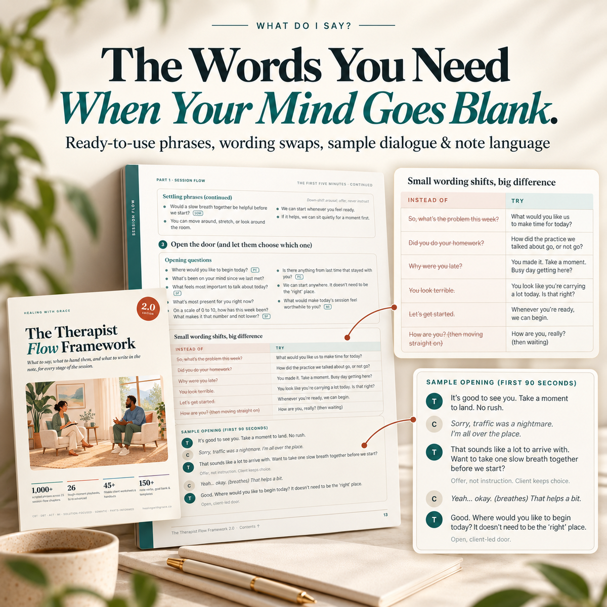 The Therapist Flow Framework™ 2.0 | 1,000+ Therapy Scripts, 26 Tough-Moment workbook, 45+ Client Worksheets & 150+ Note Tools | Complete Therapist Session Toolkit | Digital Download