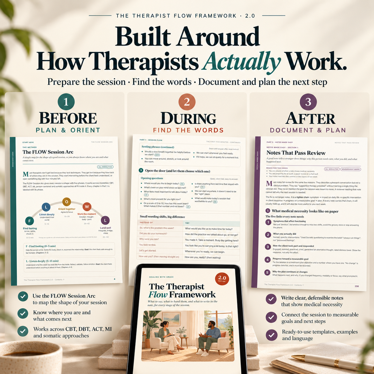 The Therapist Flow Framework™ 2.0 | 1,000+ Therapy Scripts, 26 Tough-Moment workbook, 45+ Client Worksheets & 150+ Note Tools | Complete Therapist Session Toolkit | Digital Download