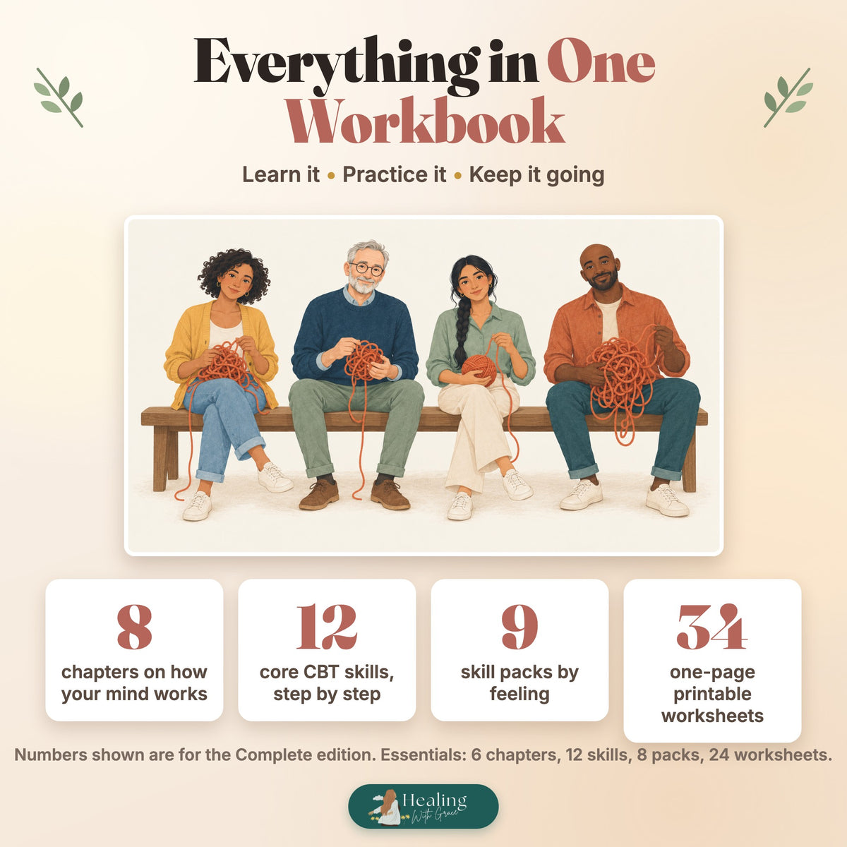 Complete edition: 8 chapters, 12 core CBT skills, 9 skill packs, 34 worksheets