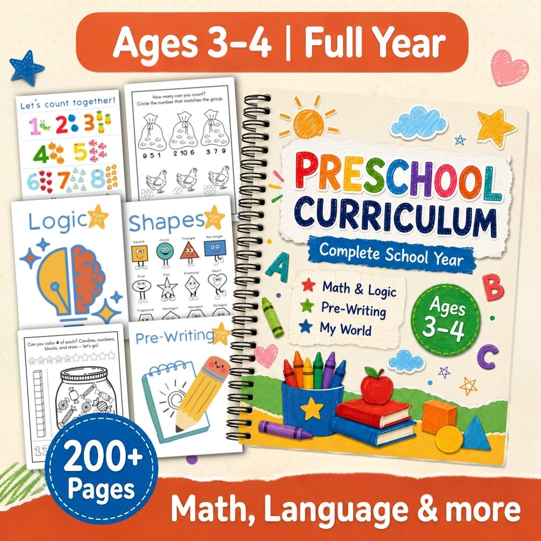 Preschool Curriculum Workbook Ages 3–4 | 207+ Printable Worksheets | Full-Year Pre-K Learning Bundle | ABC, Numbers, Writing, Shapes & Logic | PDF