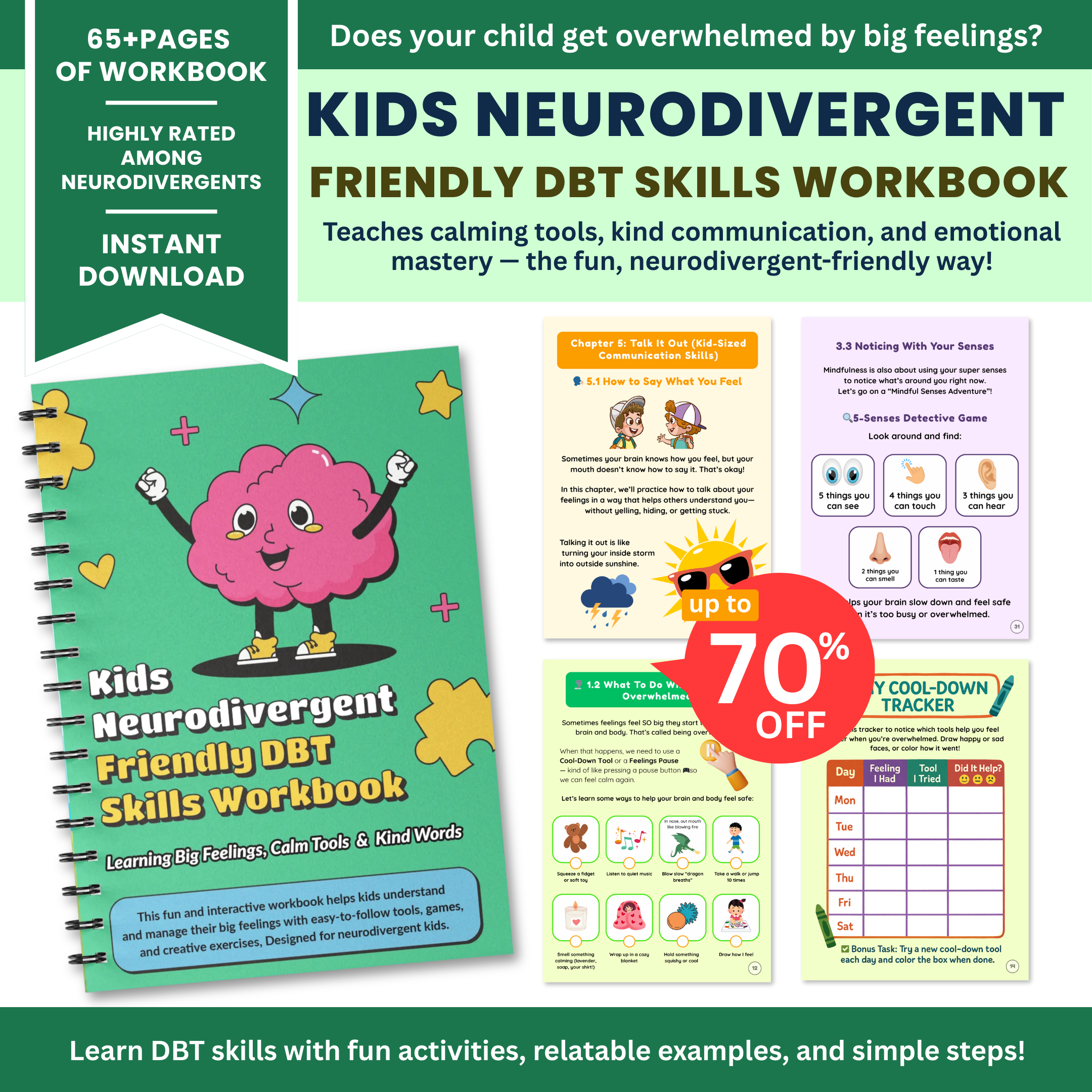 Kids Neurodivergent-Friendly DBT Skills Workbook : 🧠 A Calm, Colorful, Confidence-Building Guide for Big Feelings & Brighter Mind