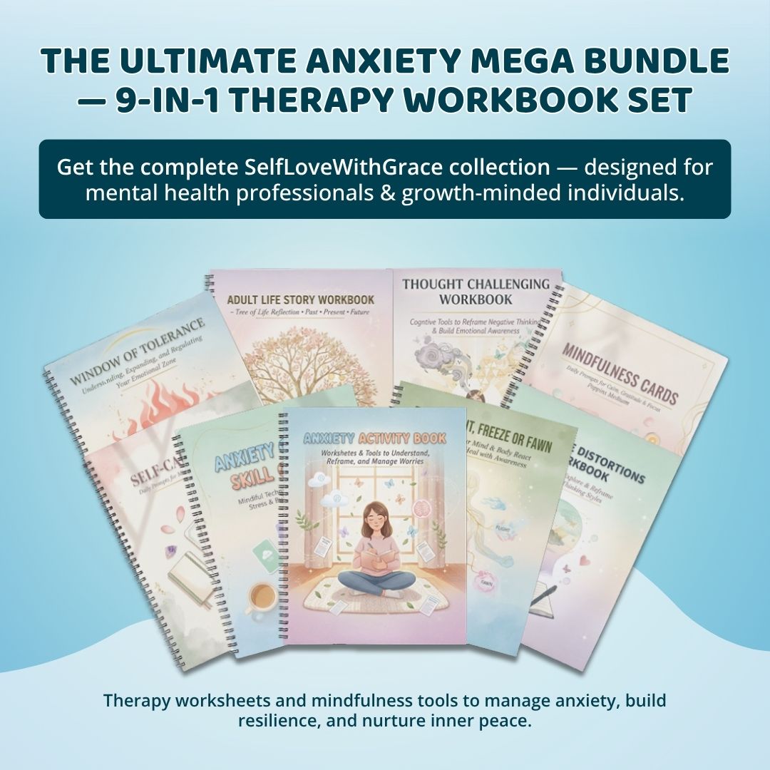 Anxiety mega bundle, psychologist resources, therapy worksheets, mental health resources tools self care cards, therapy office