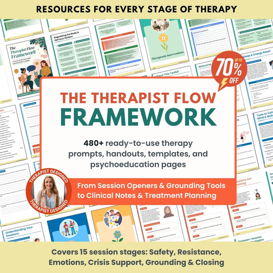 The Therapist Flow Framework™ 480+ Therapy Scripts, Worksheets & Session Tools | Complete Clinical Toolkit from First Session to Final Review (CBT, ACT, DBT, Polyvagal) | Digital PDF