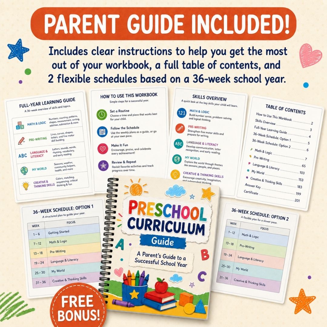 Preschool Curriculum Workbook Ages 3–4 | 207+ Printable Worksheets | Full-Year Pre-K Learning Bundle | ABC, Numbers, Writing, Shapes & Logic | PDF