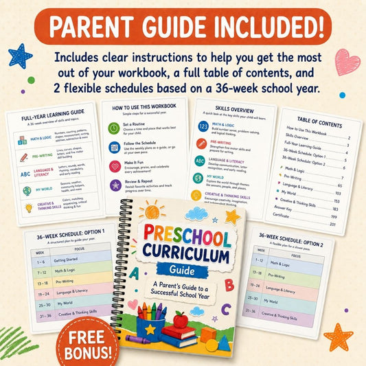 Preschool Curriculum Workbook Ages 3–4 | 207+ Printable Worksheets | Full-Year Pre-K Learning Bundle | ABC, Numbers, Writing, Shapes & Logic | PDF