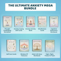 Anxiety mega bundle, psychologist resources, therapy worksheets, mental health resources tools self care cards, therapy office