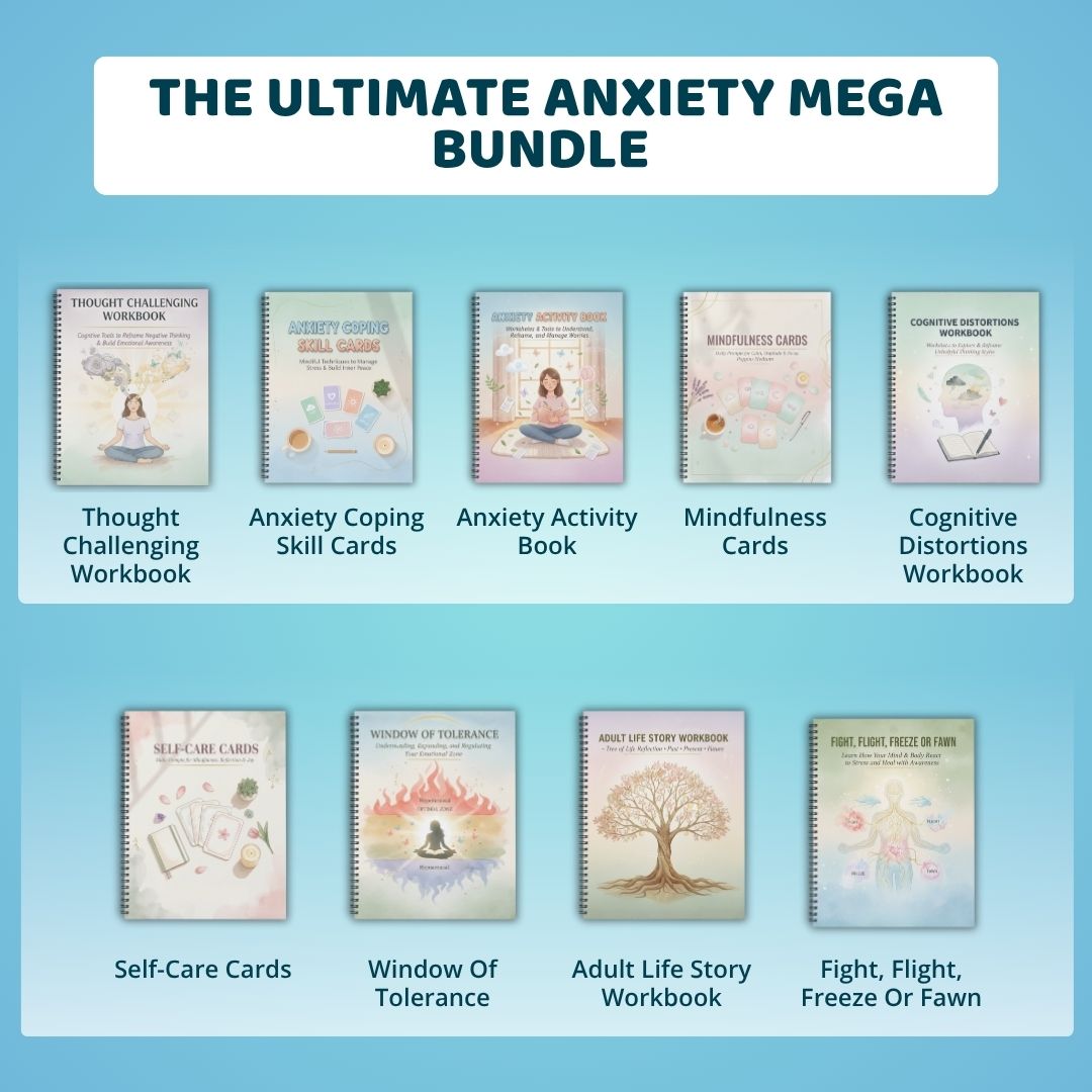 Anxiety mega bundle, psychologist resources, therapy worksheets, mental health resources tools self care cards, therapy office
