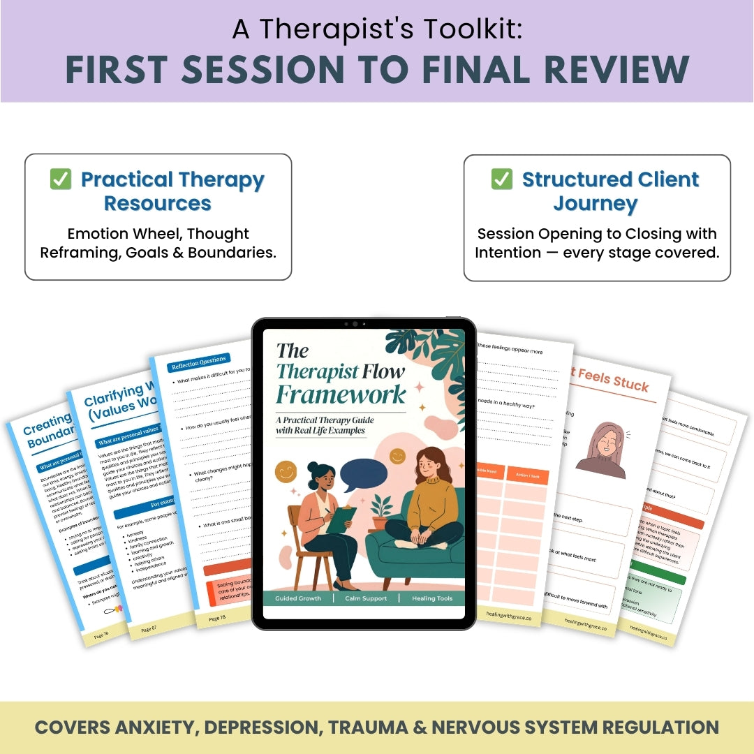 The Therapist Flow Framework™ 480+ Therapy Scripts, Worksheets & Session Tools | Complete Clinical Toolkit from First Session to Final Review (CBT, ACT, DBT, Polyvagal) | Digital PDF