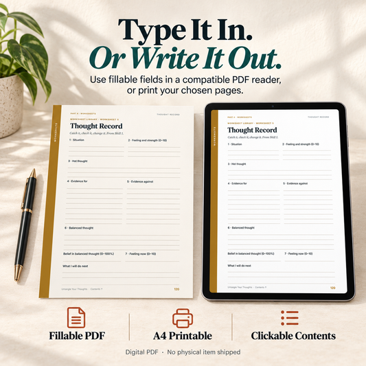 Untangle Your Thoughts: The Illustrated CBT Workbook | 12 Core CBT Skills, Skill Packs by Feeling & Fillable Worksheets for Worry, Anxiety, Low Mood & More | Digital Download