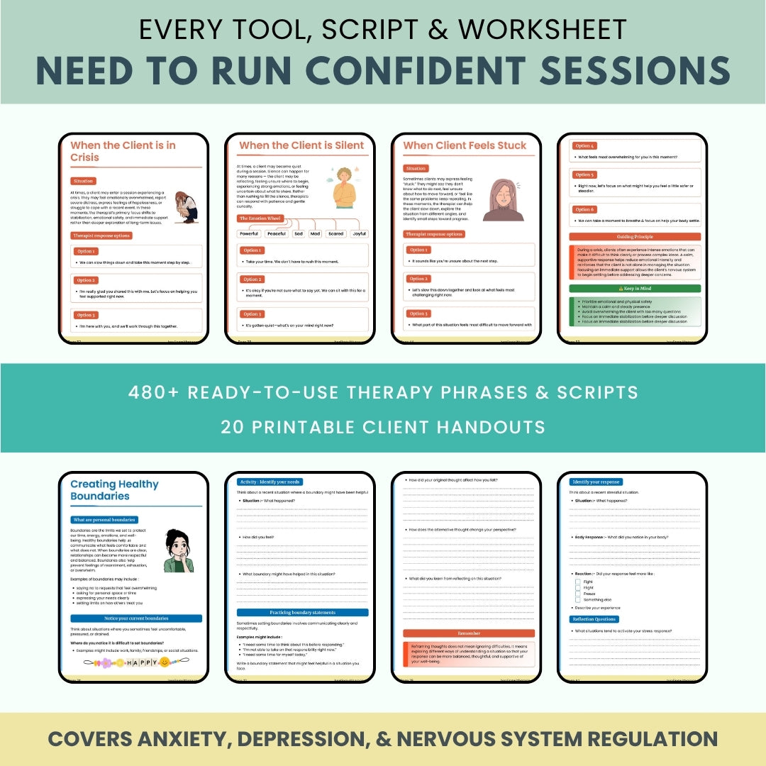 The Therapist Flow Framework™ 480+ Therapy Scripts, Worksheets & Session Tools | Complete Clinical Toolkit from First Session to Final Review (CBT, ACT, DBT, Polyvagal) | Digital PDF