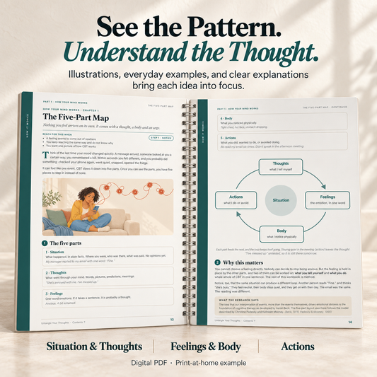 Untangle Your Thoughts: The Illustrated CBT Workbook | 12 Core CBT Skills, Skill Packs by Feeling & Fillable Worksheets for Worry, Anxiety, Low Mood & More | Digital Download