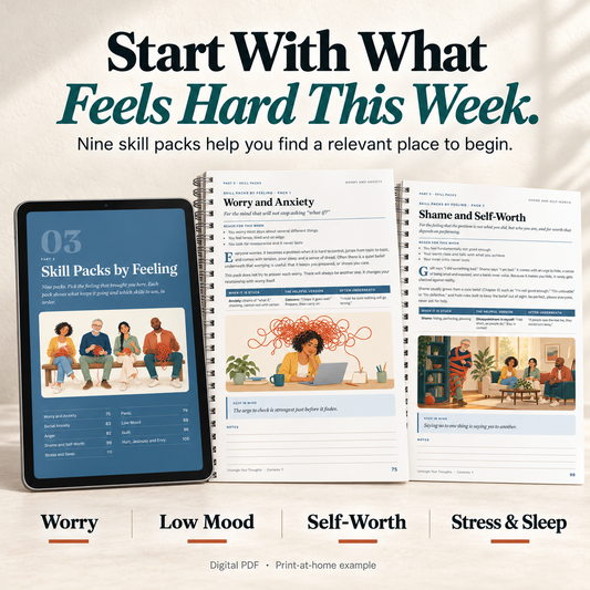 Untangle Your Thoughts: The Illustrated CBT Workbook | 12 Core CBT Skills, Skill Packs by Feeling & Fillable Worksheets for Worry, Anxiety, Low Mood & More | Digital Download
