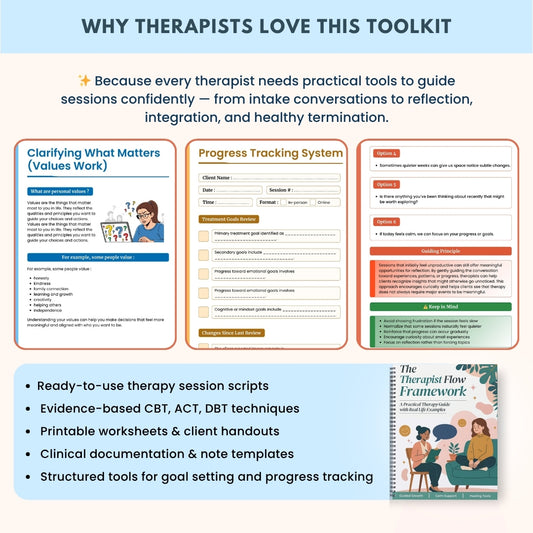 The Therapist Flow Framework™ 480+ Therapy Scripts, Worksheets & Session Tools | Complete Clinical Toolkit from First Session to Final Review (CBT, ACT, DBT, Polyvagal) | Digital PDF