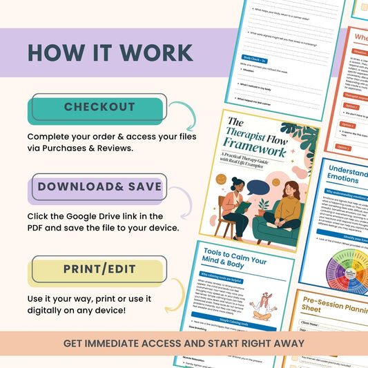 The Therapist Flow Framework™ 480+ Therapy Scripts, Worksheets & Session Tools | Complete Clinical Toolkit from First Session to Final Review (CBT, ACT, DBT, Polyvagal) | Digital PDF