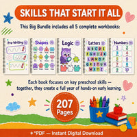 Preschool Curriculum Workbook Ages 3–4 | 207+ Printable Worksheets | Full-Year Pre-K Learning Bundle | ABC, Numbers, Writing, Shapes & Logic | PDF