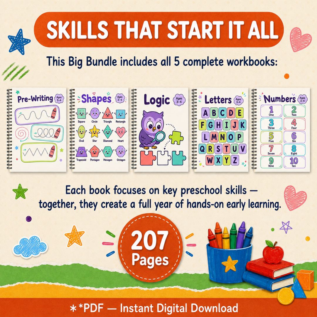 Preschool Curriculum Workbook Ages 3–4 | 207+ Printable Worksheets | Full-Year Pre-K Learning Bundle | ABC, Numbers, Writing, Shapes & Logic | PDF