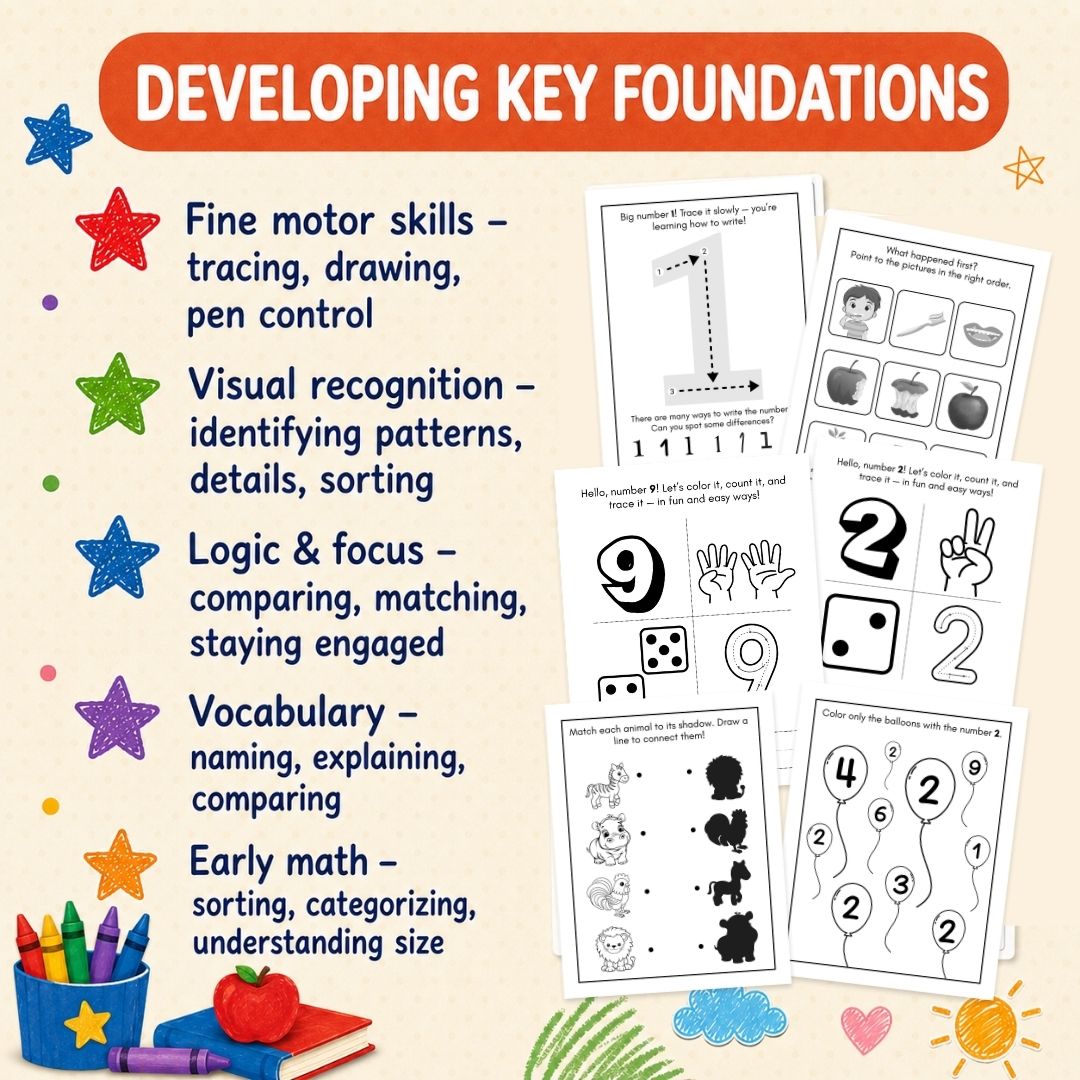 Preschool Curriculum Workbook Ages 3–4 | 207+ Printable Worksheets | Full-Year Pre-K Learning Bundle | ABC, Numbers, Writing, Shapes & Logic | PDF