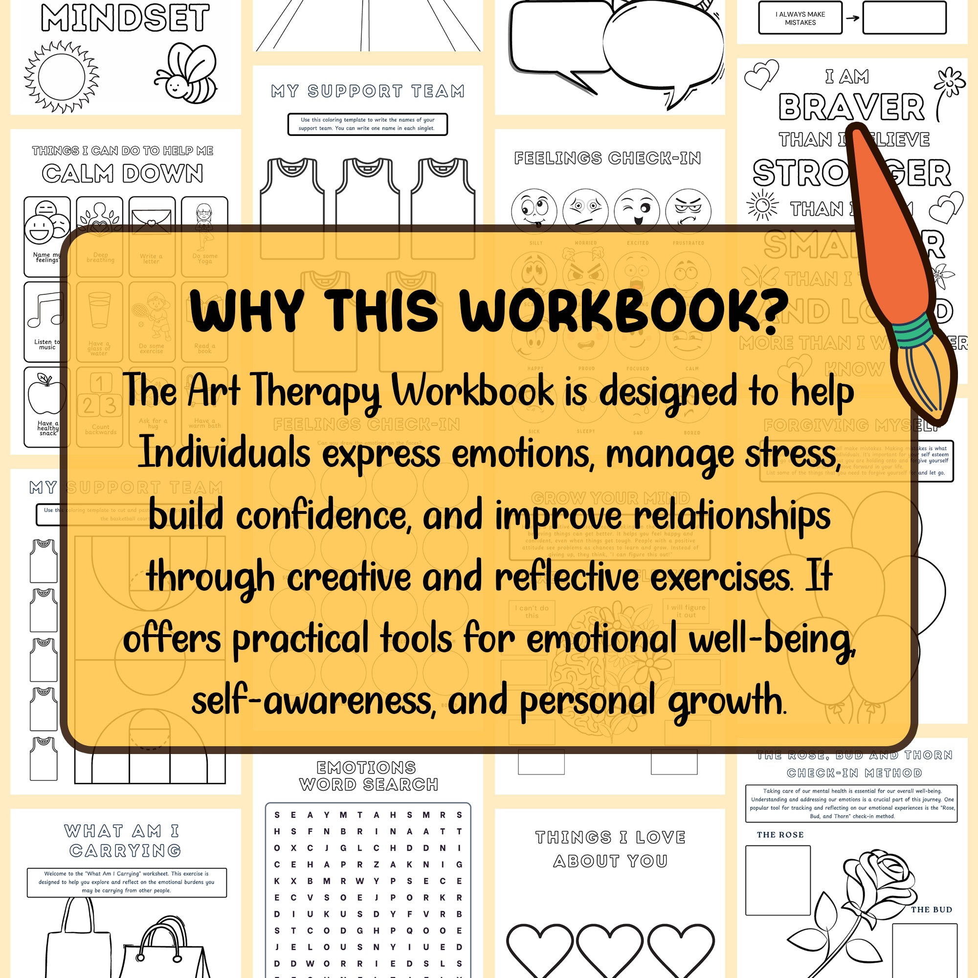 Art Therapy Worksheets For Mental Health, Self-esteem, and Confidence. Therapy Book for Parents, counselors, therapists, and psychologists.