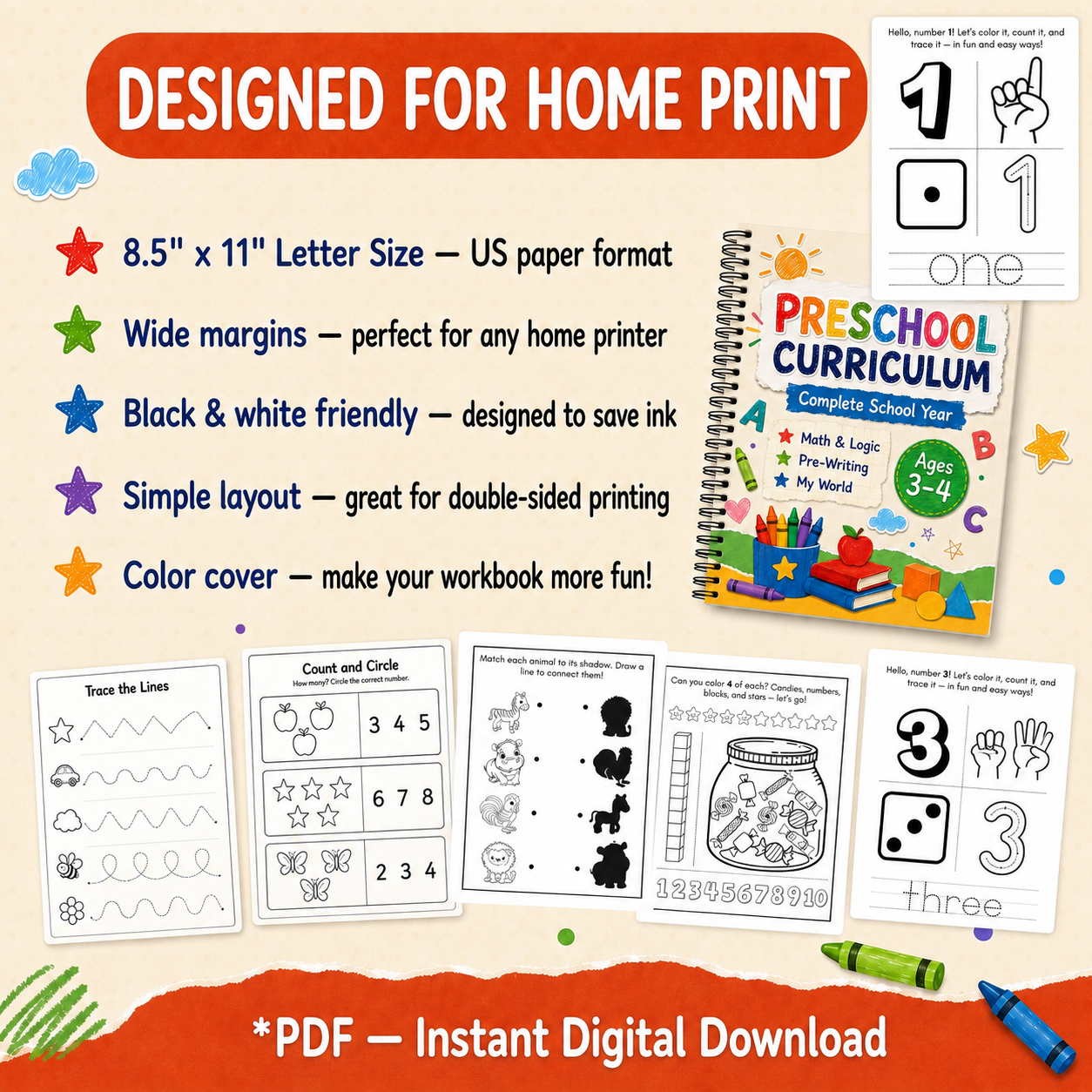 Preschool Curriculum Workbook Ages 3–4 | 207+ Printable Worksheets | Full-Year Pre-K Learning Bundle | ABC, Numbers, Writing, Shapes & Logic | PDF