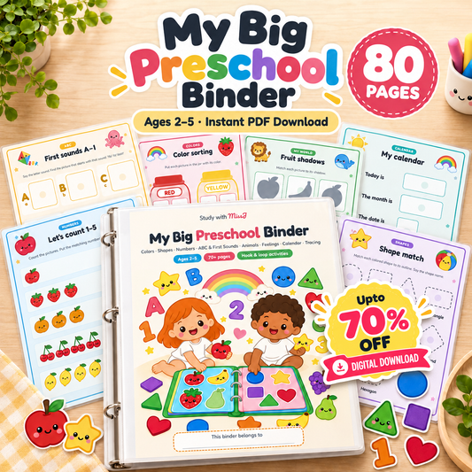 My Big Preschool Binder | 80-Page Toddler Busy Book with First Sounds A–Z | Printable Learning Binder, Ages 2–5