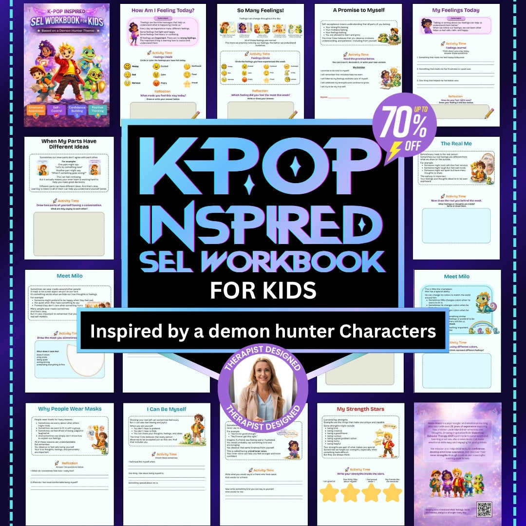K-Pop Inspired SEL Workbook for Kids (Printable PDF) | Therapy Activities for Emotional Regulation, Self-Esteem, Self-Acceptance, Confidence & Big Feelings