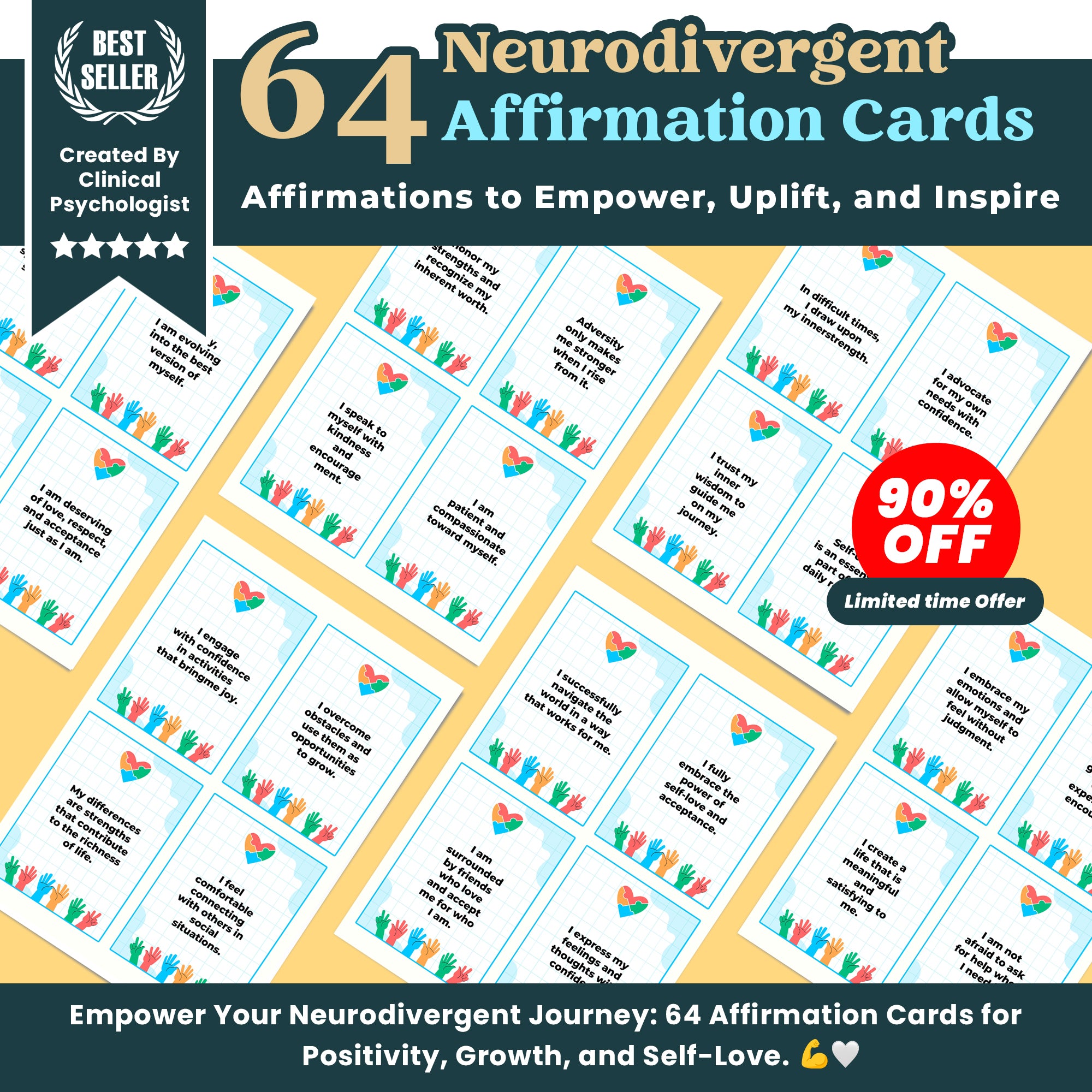 64 Neurodivergent Affirmation Cards for ADHD and Autism. A Neurodiversity deck featuring Positive flashcards | Printable PDF Digital download | Perfect resource for adults or teens