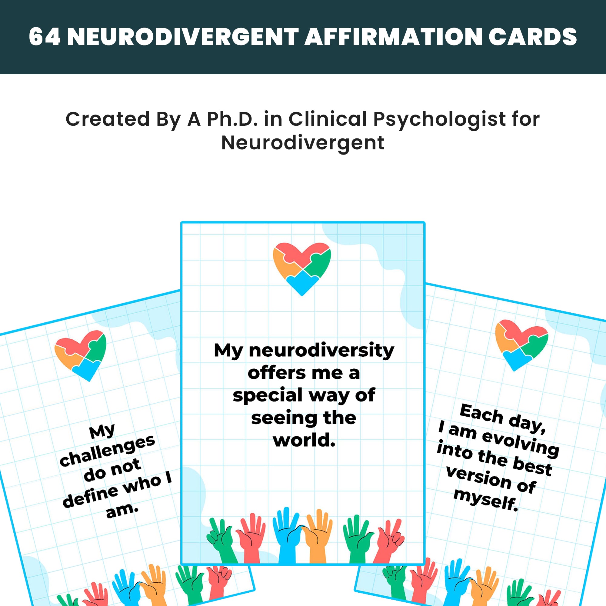 64 Neurodivergent Affirmation Cards for ADHD and Autism. A Neurodiversity deck featuring Positive flashcards | Printable PDF Digital download | Perfect resource for adults or teens