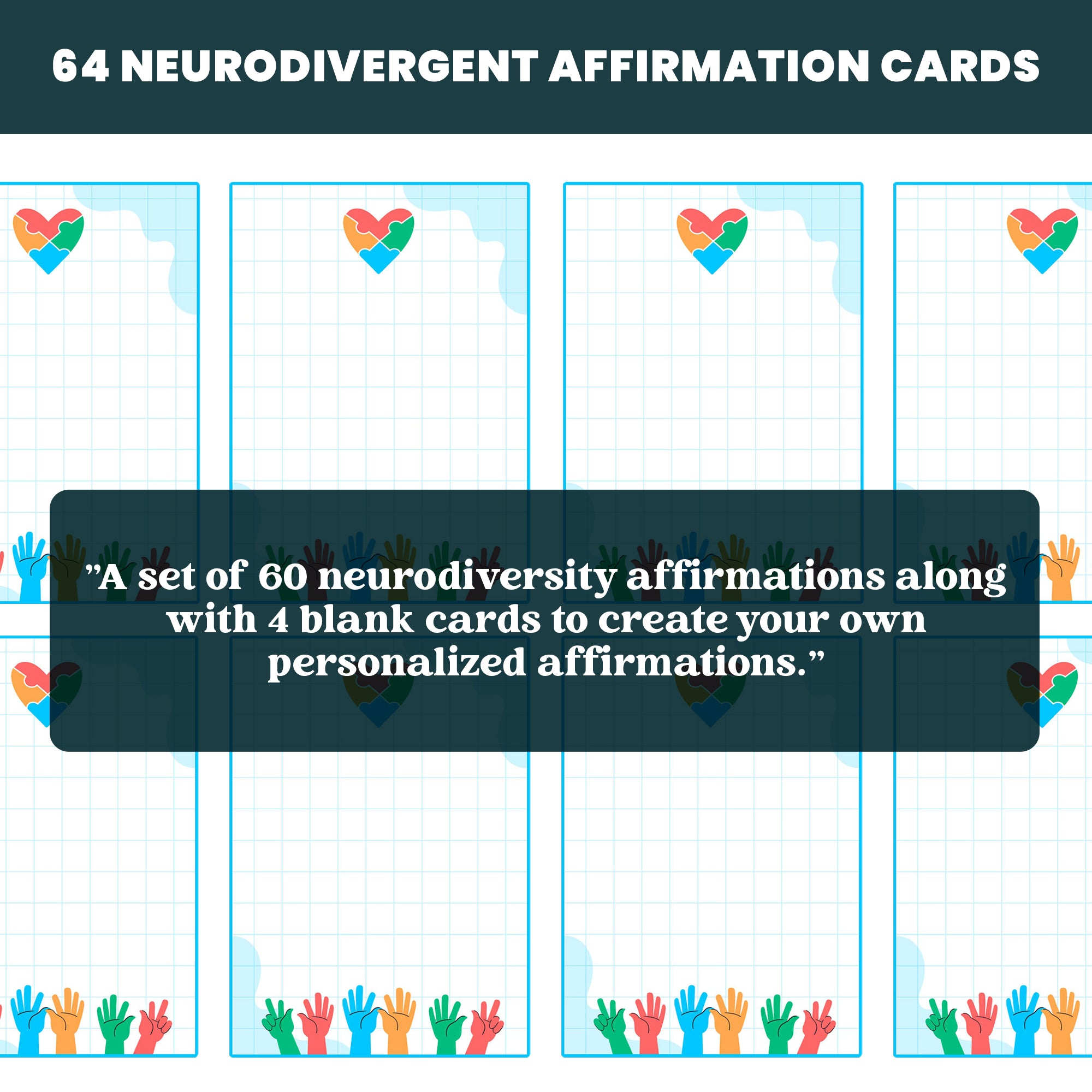 64 Neurodivergent Affirmation Cards for ADHD and Autism. A Neurodiversity deck featuring Positive flashcards | Printable PDF Digital download | Perfect resource for adults or teens