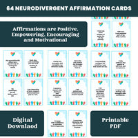 64 Neurodivergent Affirmation Cards for ADHD and Autism. A Neurodiversity deck featuring Positive flashcards | Printable PDF Digital download | Perfect resource for adults or teens