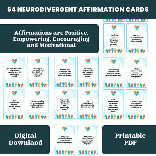 64 Neurodivergent Affirmation Cards for ADHD and Autism. A Neurodiversity deck featuring Positive flashcards | Printable PDF Digital download | Perfect resource for adults or teens