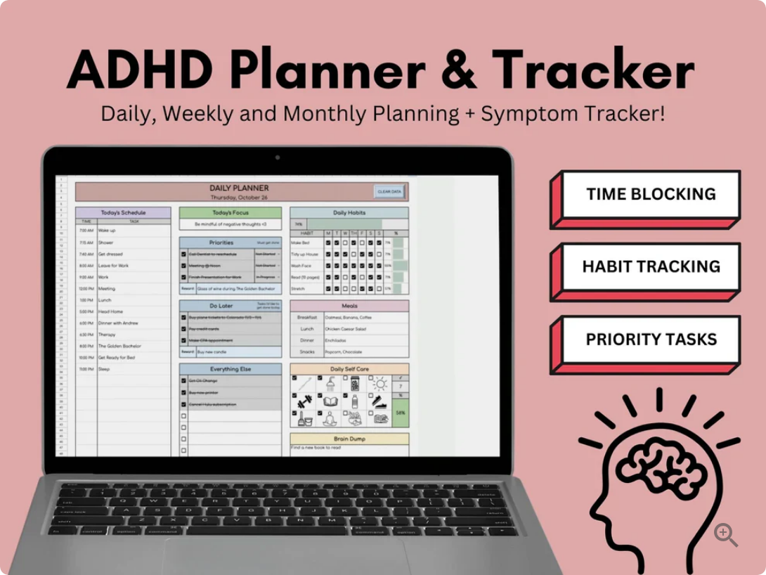 ADHD Planner & Tracker | Google Sheets Template +Bonuses(6+ Ebooks)