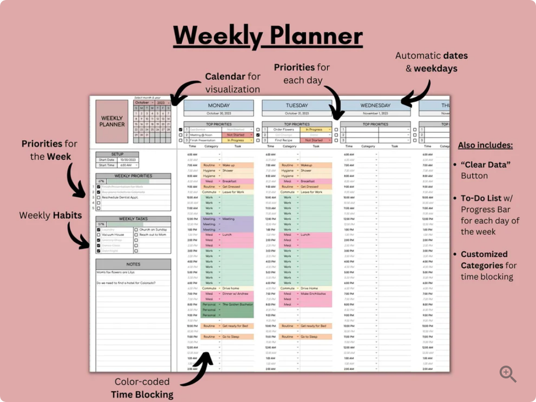 ADHD Planner & Tracker | Google Sheets Template +Bonuses(6+ Ebooks)