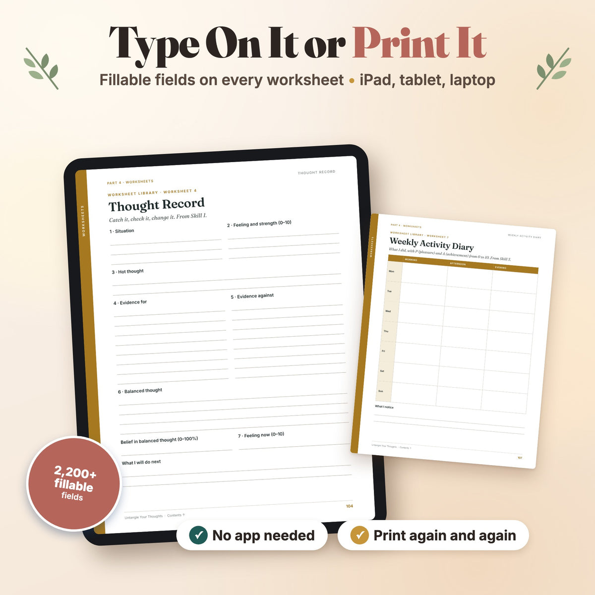 Fillable CBT worksheets on a tablet or printed