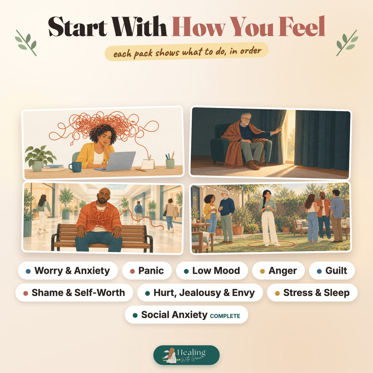 Skill packs for worry, panic, low mood, anger, guilt, self-worth, jealousy and envy, stress and sleep, social anxiety
