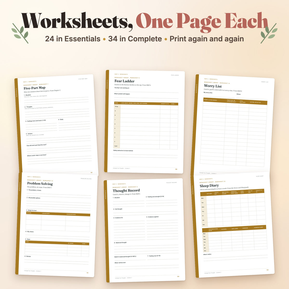 One-page CBT worksheets: 24 in Essentials, 34 in Complete