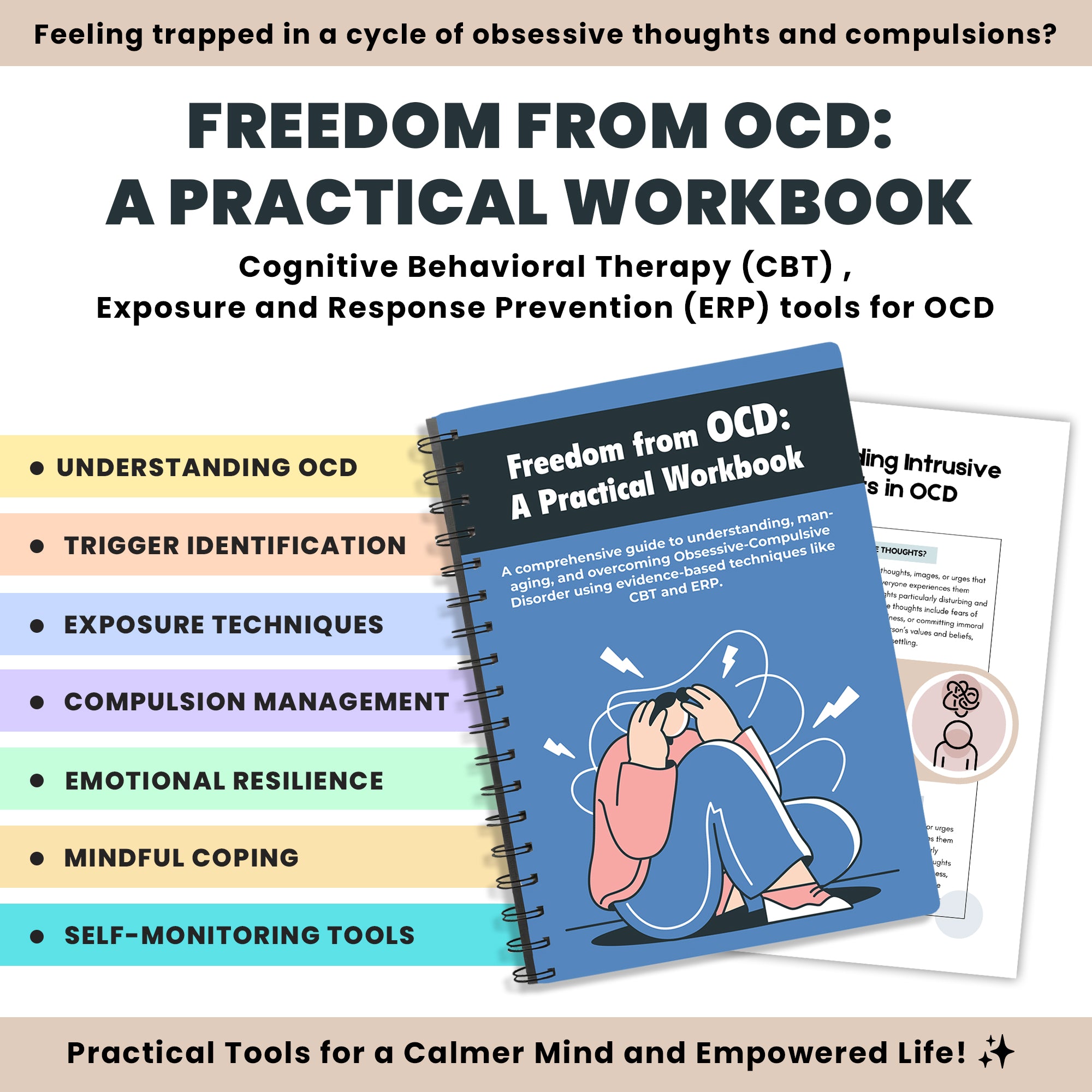 FREEDOM FROM OCD: A PRACTICAL WORKBOOK | Cognitive Behavioral Therapy | CBT Worksheets | Exposure and Response Prevention ERP Tools | OCD Cycle | Anxiety Worksheets