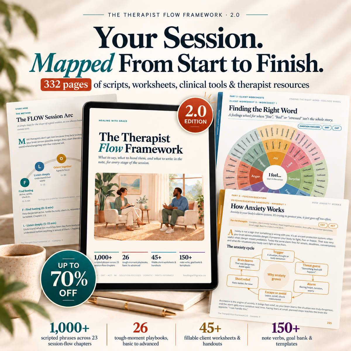 The Therapist Flow Framework™ 2.0 | 1,000+ Therapy Scripts, 26 Tough-Moment workbook, 45+ Client Worksheets & 150+ Note Tools | Complete Therapist Session Toolkit | Digital Download