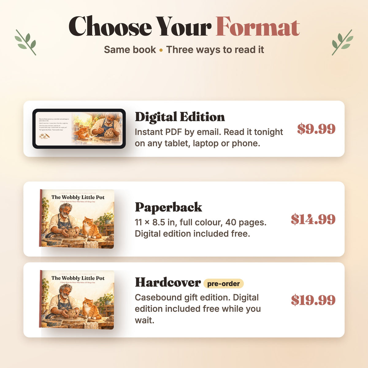 Three formats: digital PDF, paperback, hardcover pre-order